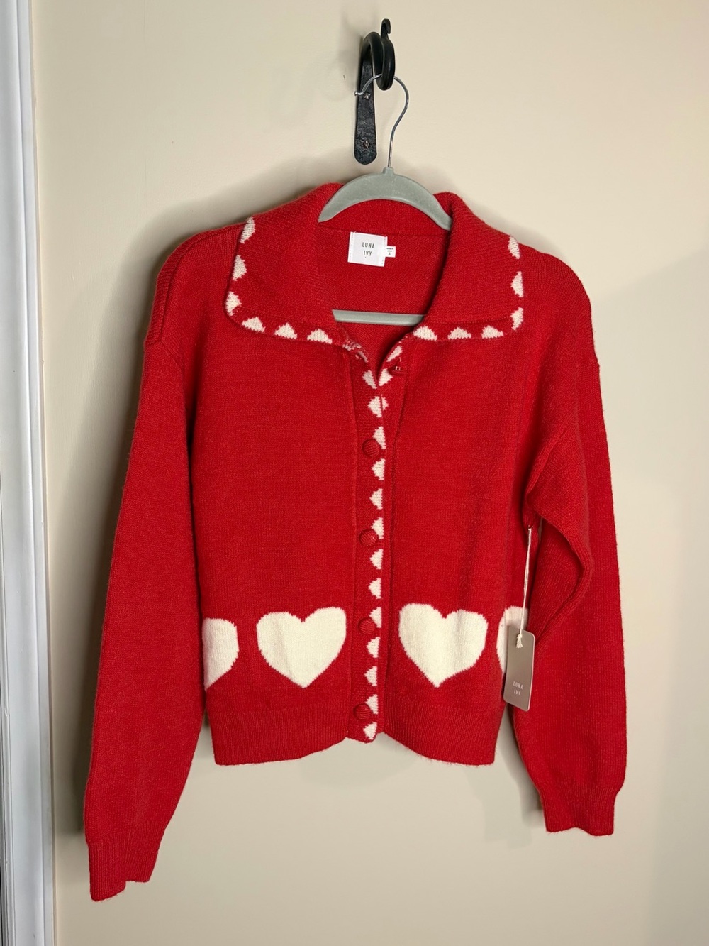 Red Heart-Trim Button Cardigan Sweater #1064